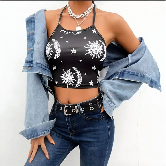 A Gothic Universe Halter Crop Top W/ Sun & Moon Celestial Print – Black White - Picture 7 of 8